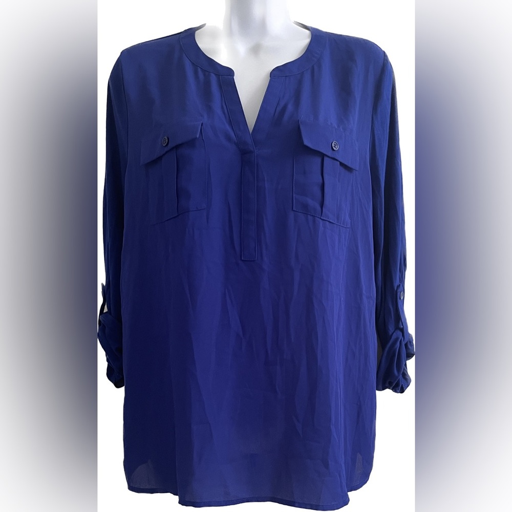 NWT INC Cerulean Blue rolled sleeve v-neck pull-over Blouse Petite Large